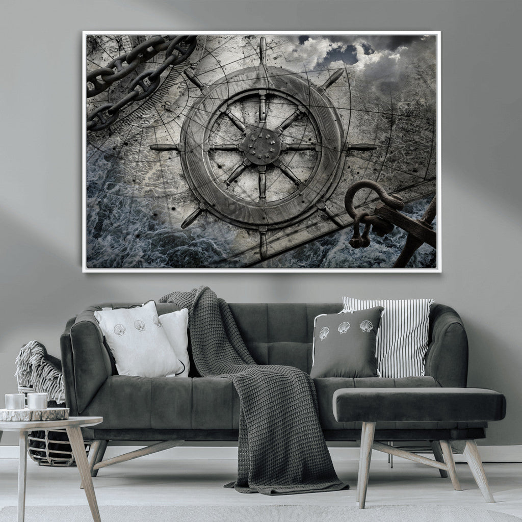 Ship Steering Wheel Vintage Wall Art Canvas Print