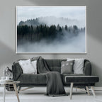 Autumn and Misty Trees in the Forest Wall Art Canvas Print, Foggy Forest Mountain Wall Art