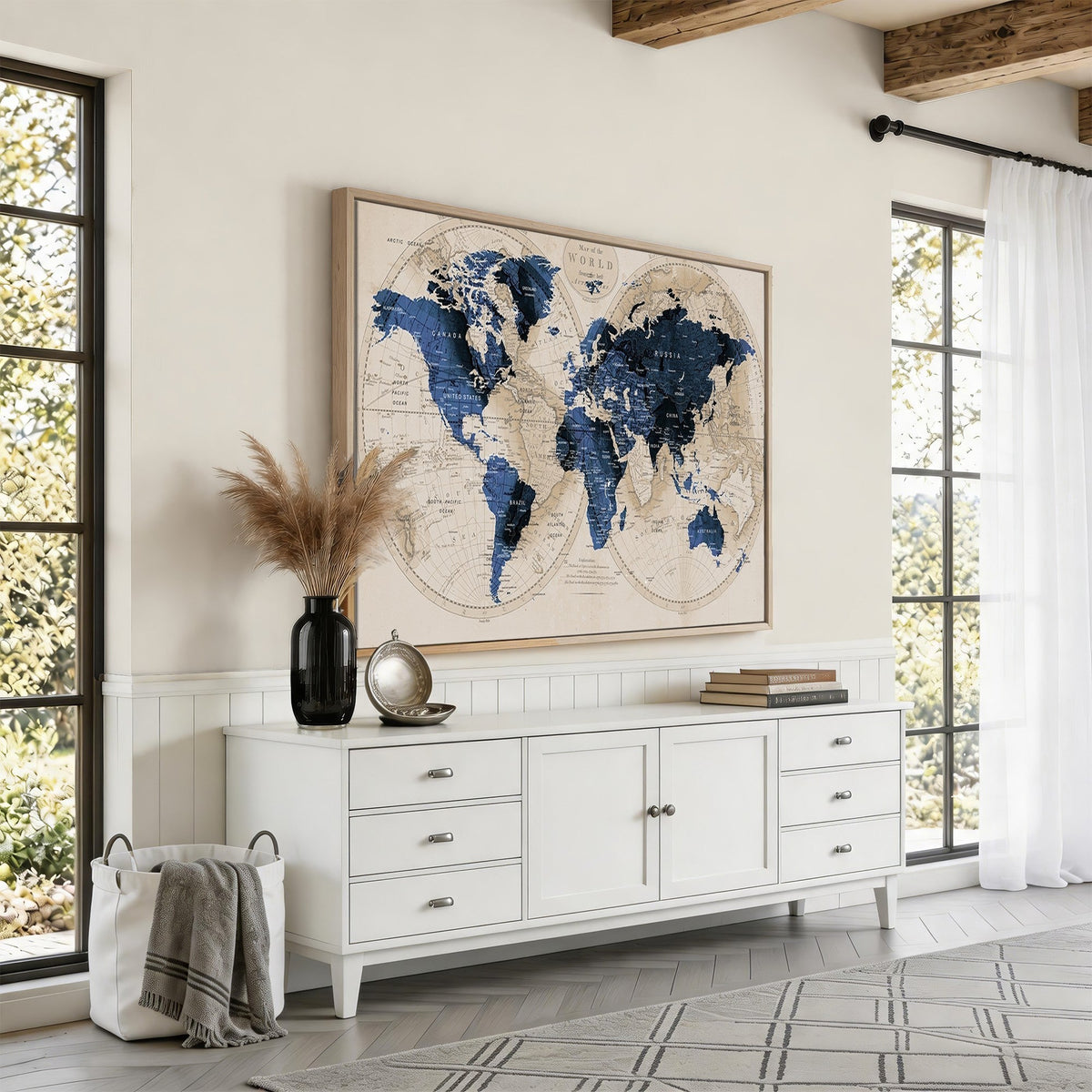 Vintage Blue World Map Canvas Wall Art | Antique Style Framed Map Print