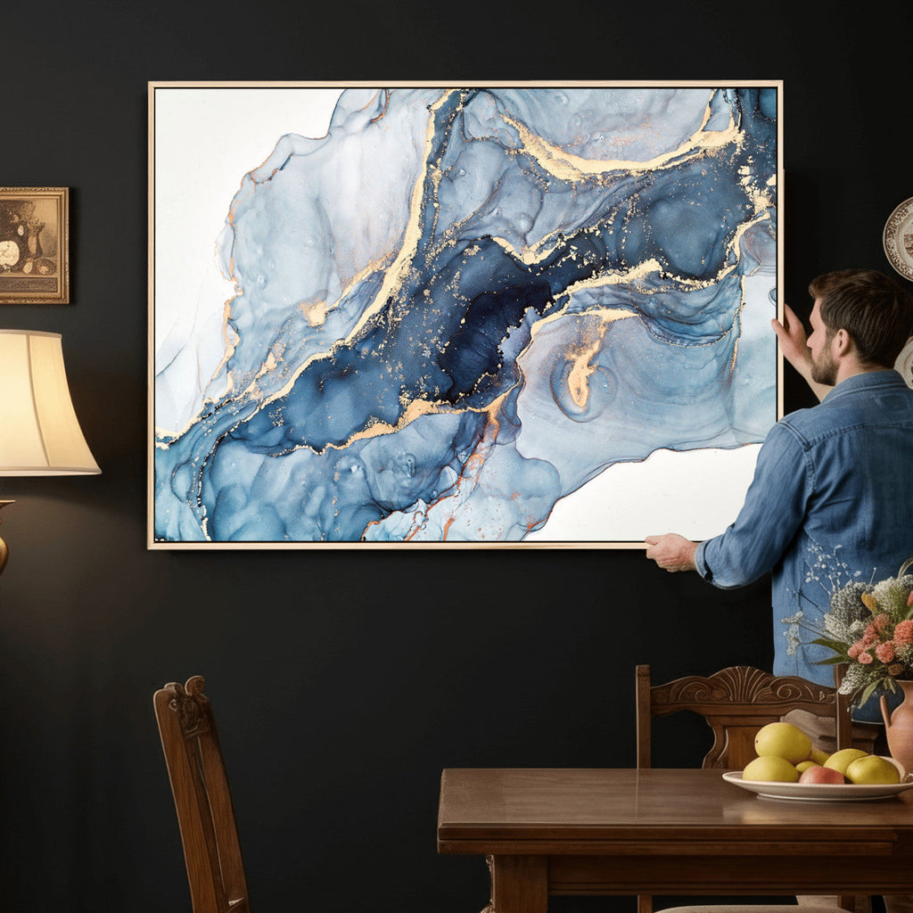 Blue Abstract Canvas Wall Art Print | Fluid Marble Effect Abstract Art