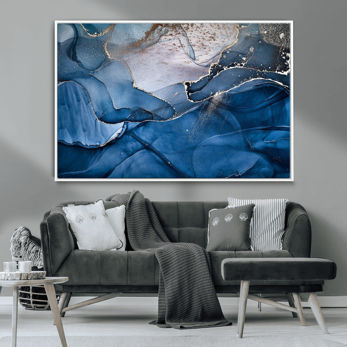 Navy Blue Canvas Art Abstract Print | Elegant Triptych Modern Art