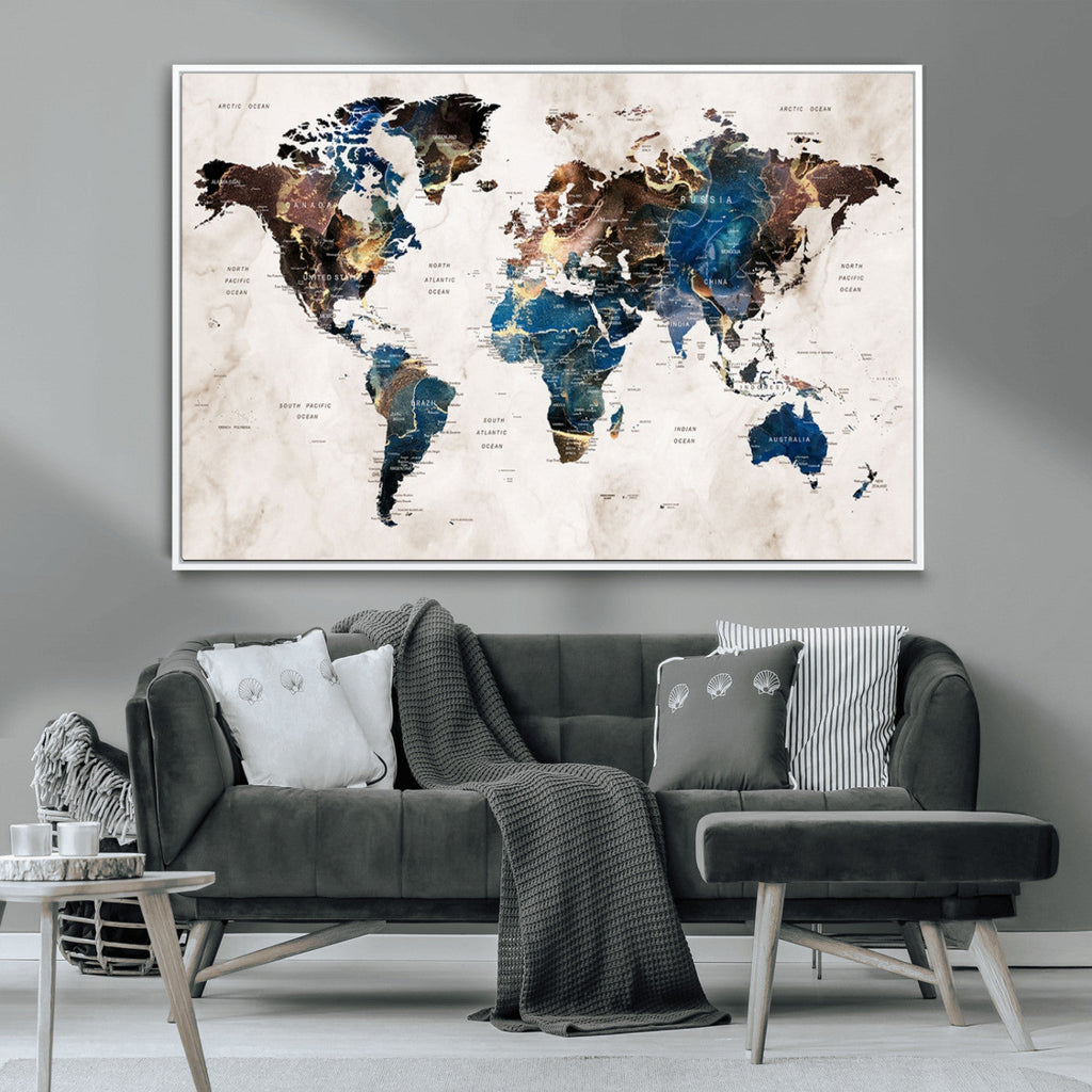 Abstract Earth Tone Blue World Map Canvas Print | Framed Travel Map Wall Art