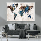 Abstract Earth Tone Blue World Map Canvas Print | Framed Travel Map Wall Art