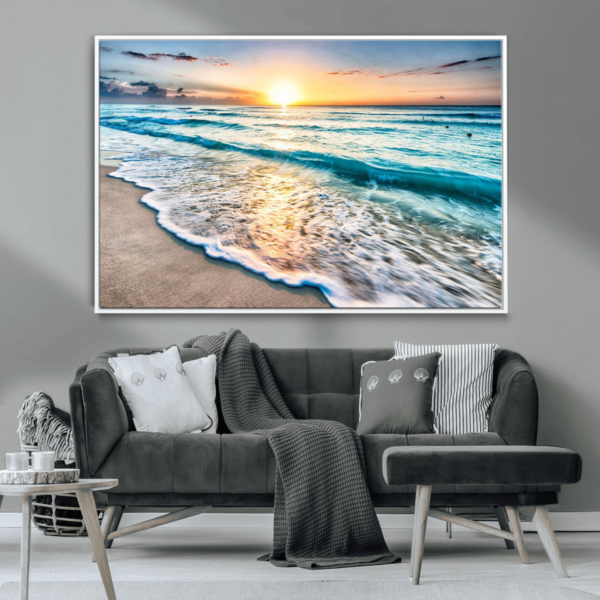 Sunset Beach Waves Canvas Wall Art | Ocean Sunset Coastal Print