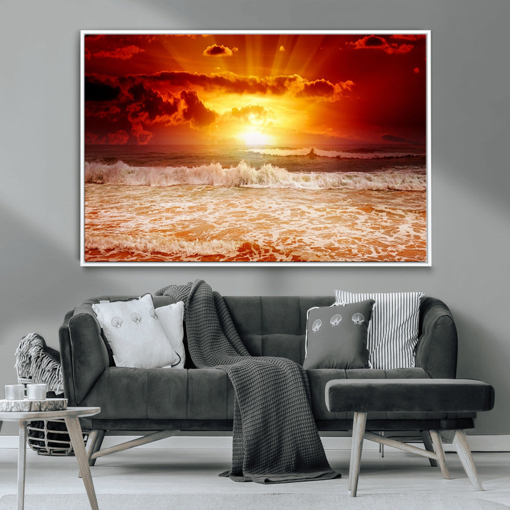 Red Sunset Ocean Beach Canvas Wall Art, Coastal Sunset Print