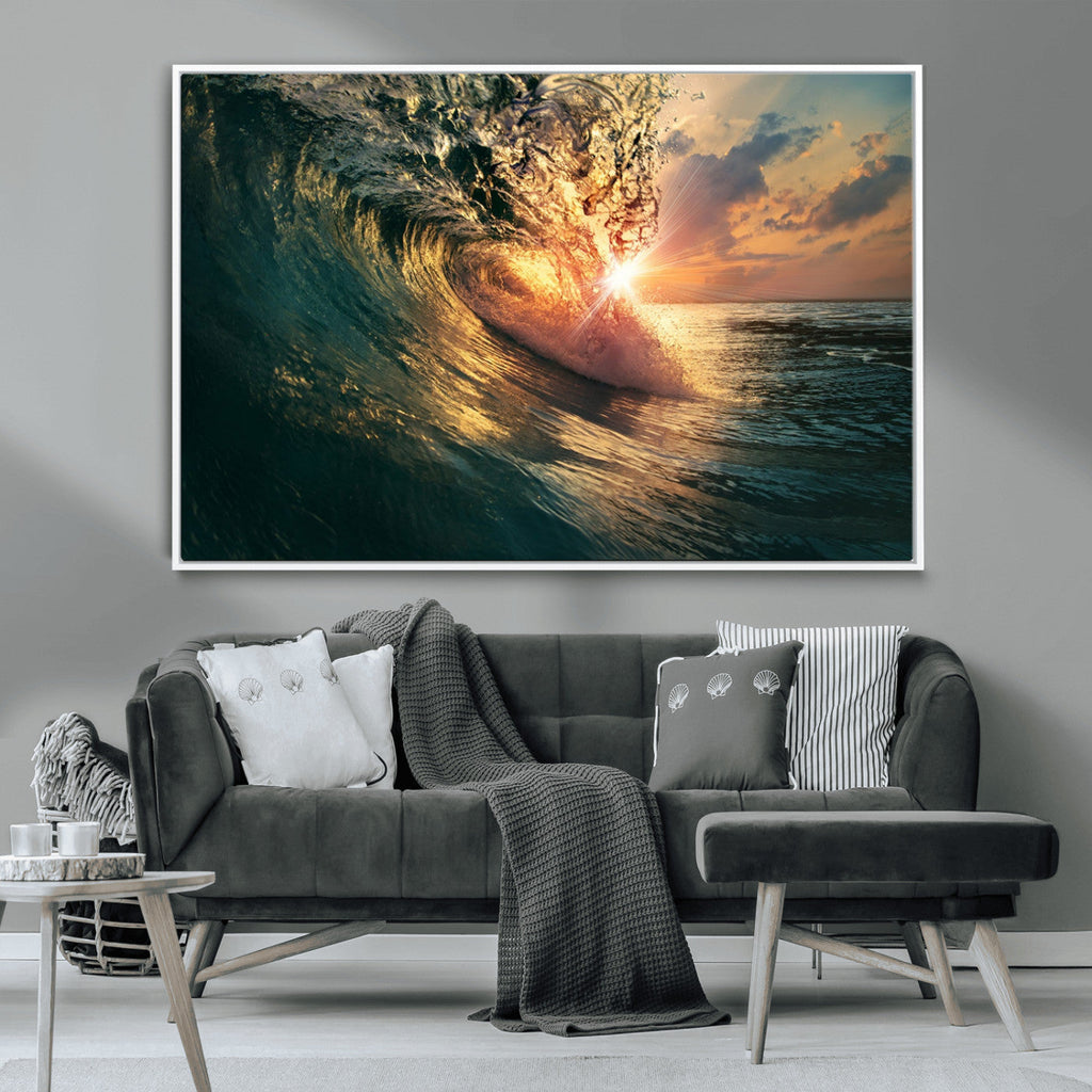 Ocean Wave Sunset Canvas Wall Art | Triptych Seascape Print