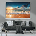 Golden Sunset Beach Triptych Canvas Art, Giclee Coastal Wall Decor, Ocean Waves Print
