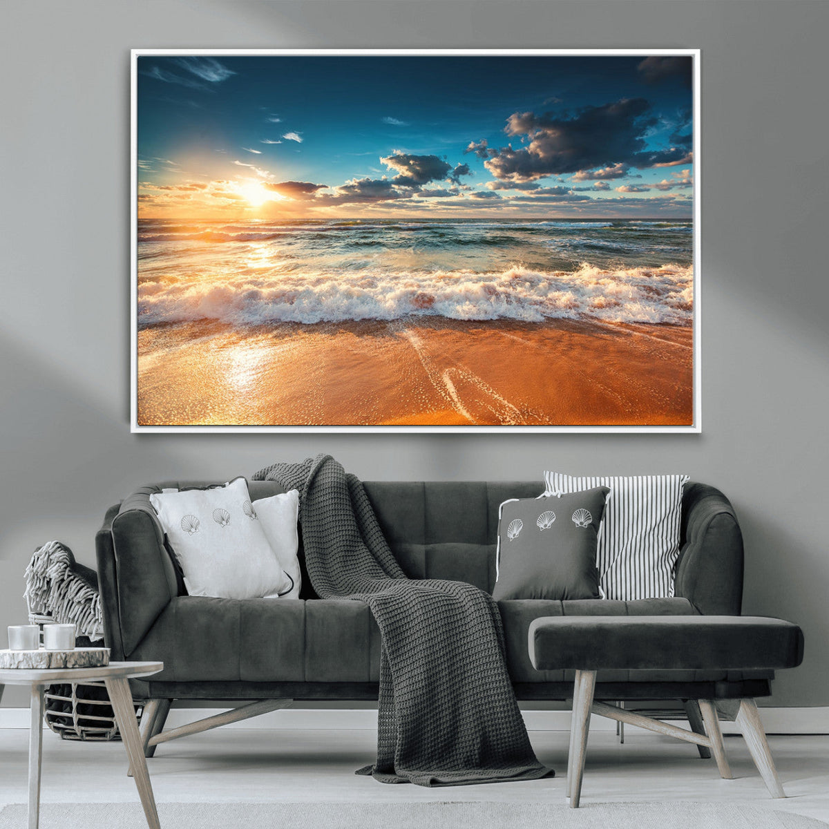 Golden Sunset Beach Triptych Canvas Art, Giclee Coastal Wall Decor, Ocean Waves Print