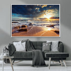 Golden Hour Beach Sunset Canvas Triptych, Ocean Waves and Rocks Wall Art