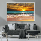 Golden Sunset Beach Canvas Wall Art | Triptych Seascape Print, Framed and Ready to Hang