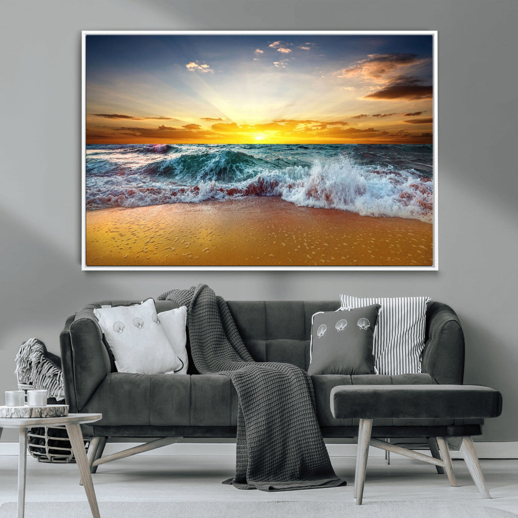 Golden Sunset Ocean Waves Wall Art Canvas Print | Multi Panel Beach Canvas Set, Coastal Triptych
