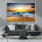 Golden Sunset Ocean Waves Wall Art Canvas Print | Multi Panel Beach Canvas Set, Coastal Triptych