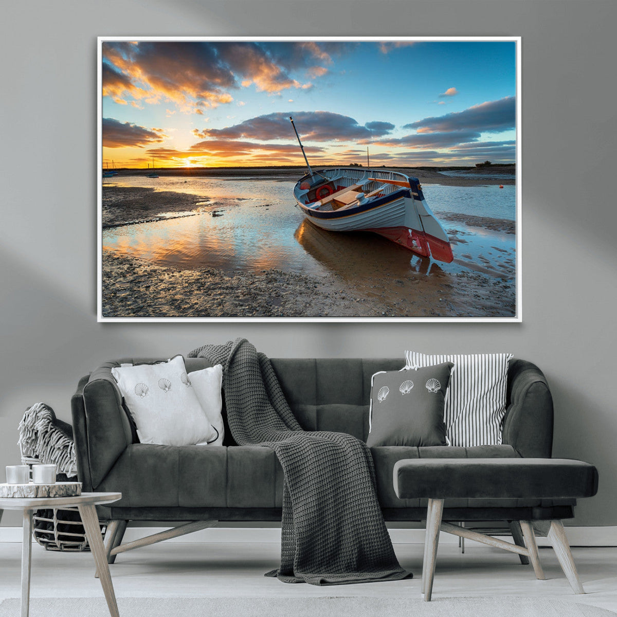 Small Boat At The Beach Sunset Wall Art, Boat Sunset Wall Art Canvas Print
