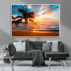 Palm Tree Sunset On The Beach Wall Art Canvas, Framed Palm Tree Sunset Canvas Print