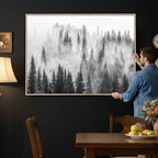 Forest Wall Art Print | Foggy Pine Forest Canvas Wall Art, Black and White Nature Decor