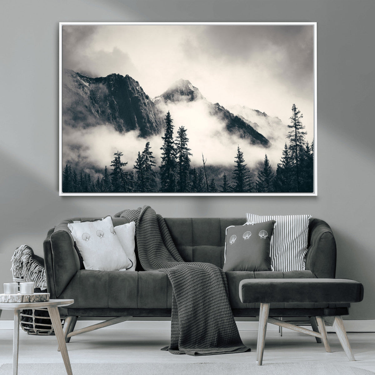 Forest Mountain Print | Black and White Canvas Wall Art with Misty Forest Design