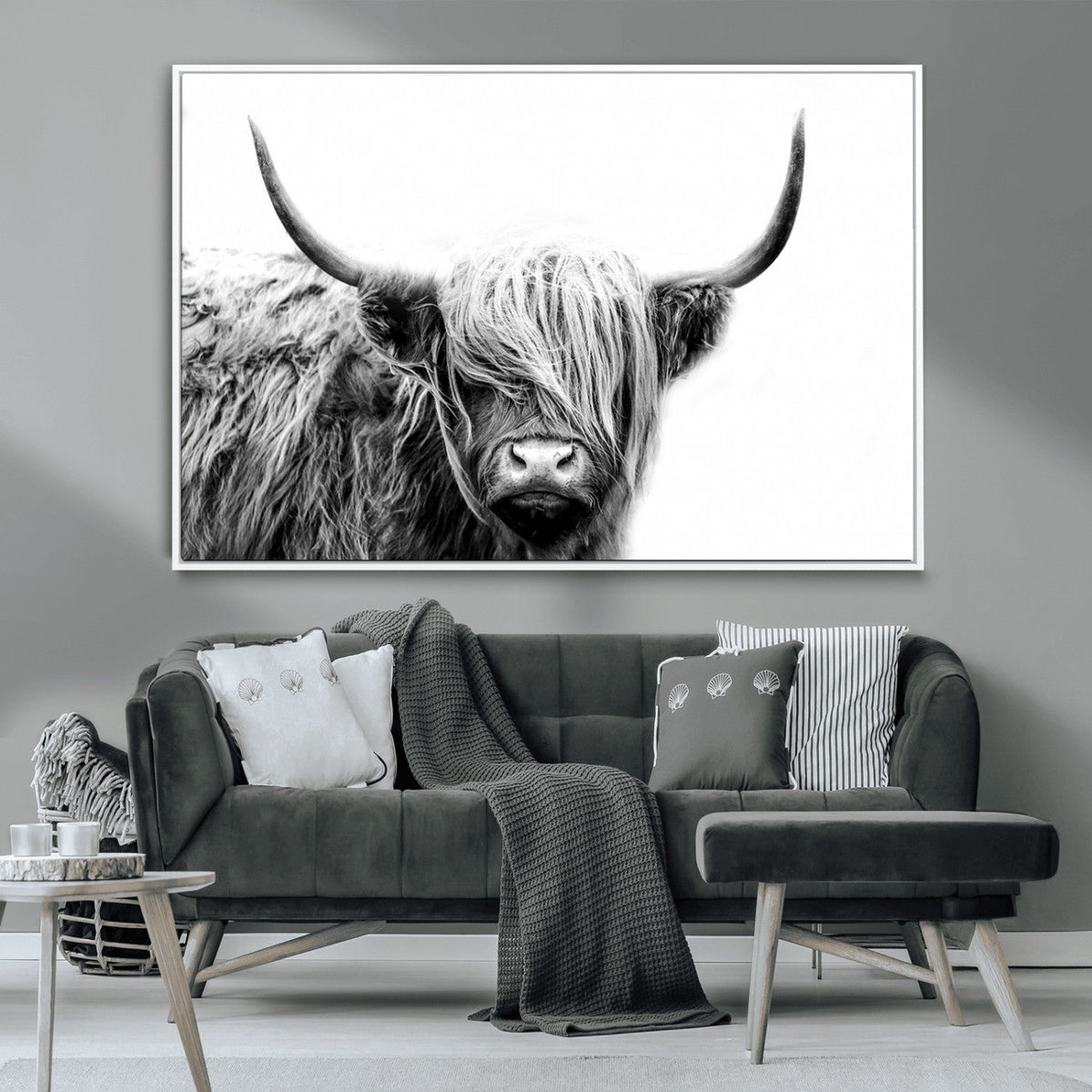 Black White Scottish Highland Cow Cattle Art Print Farmhouse Decor