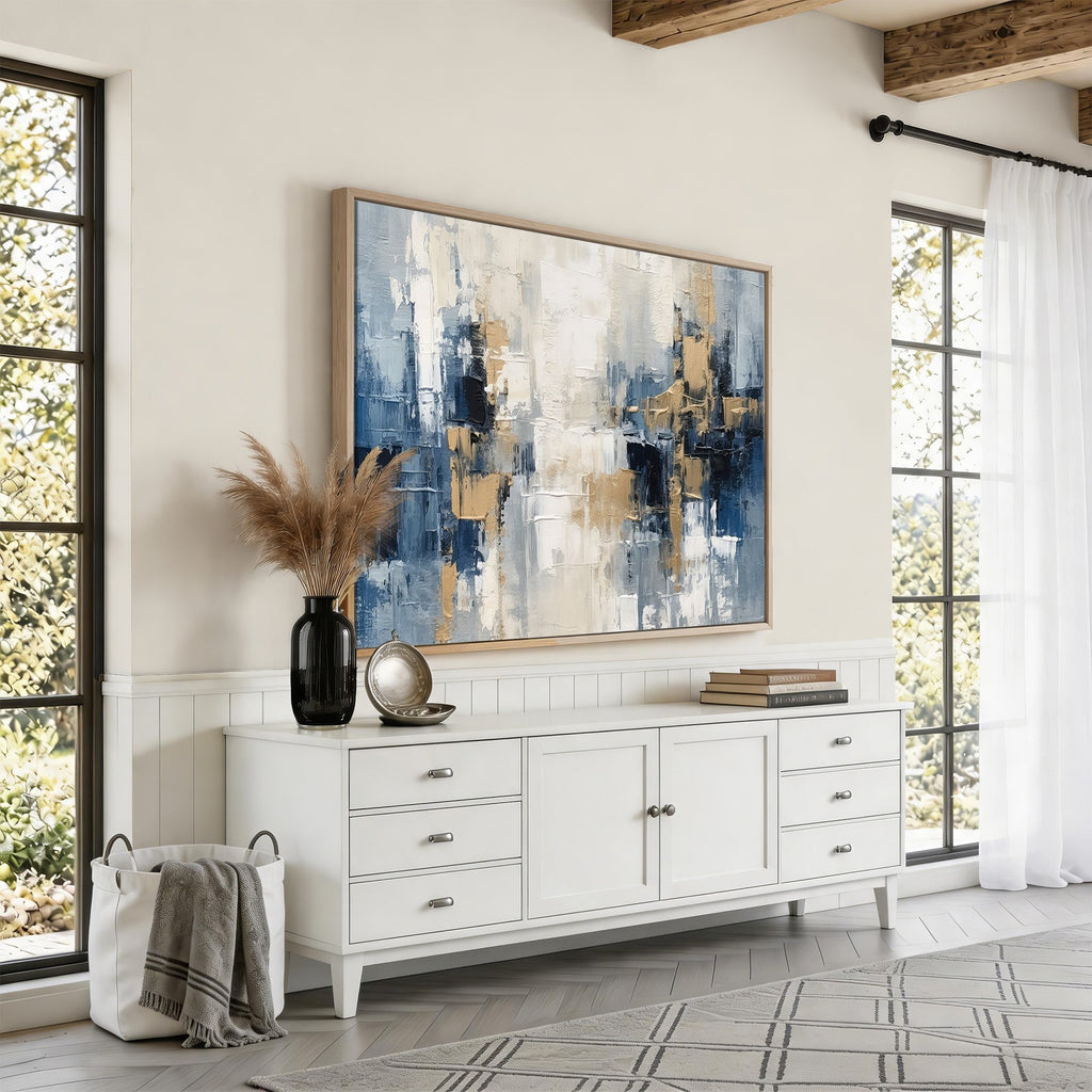 Modern Abstract Canvas Wall Art in Blue and Gold Tones | Large Contemporary Art for Living Room