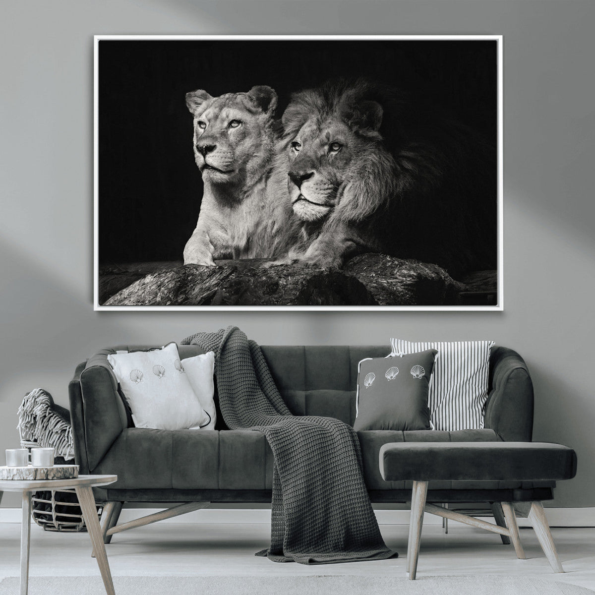 Lion Couple Wall Art Canvas Print, Elegant Black and White Wildlife Portrait