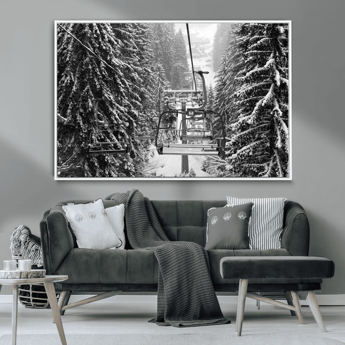 Winter Ski Lift Black and White Canvas Wall Art | Alpine Escape in Minimalist Style