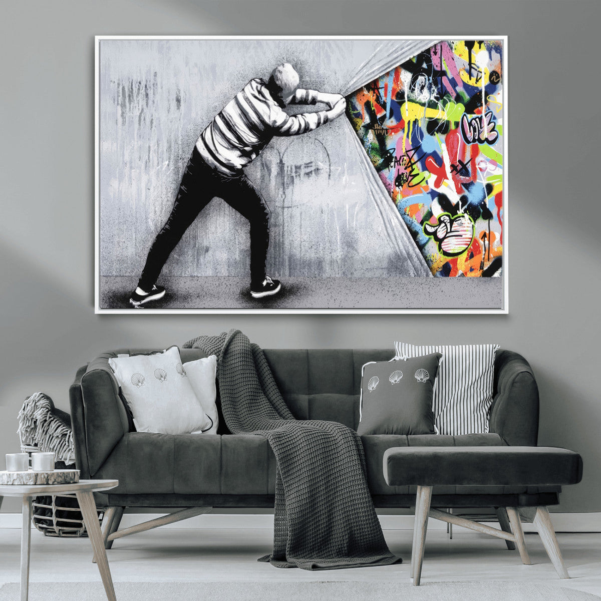 Banksy Art Behind the Curtain Street Wall Art Canvas Print | Urban Graffiti Style Wall Decor