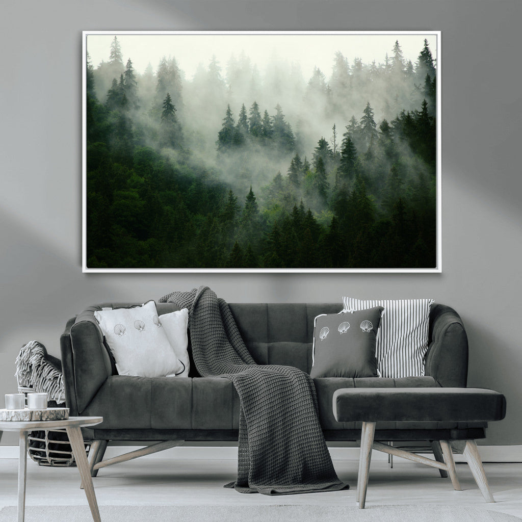 Misty Forest Wall Art | Tranquil Green Woodland Canvas Print