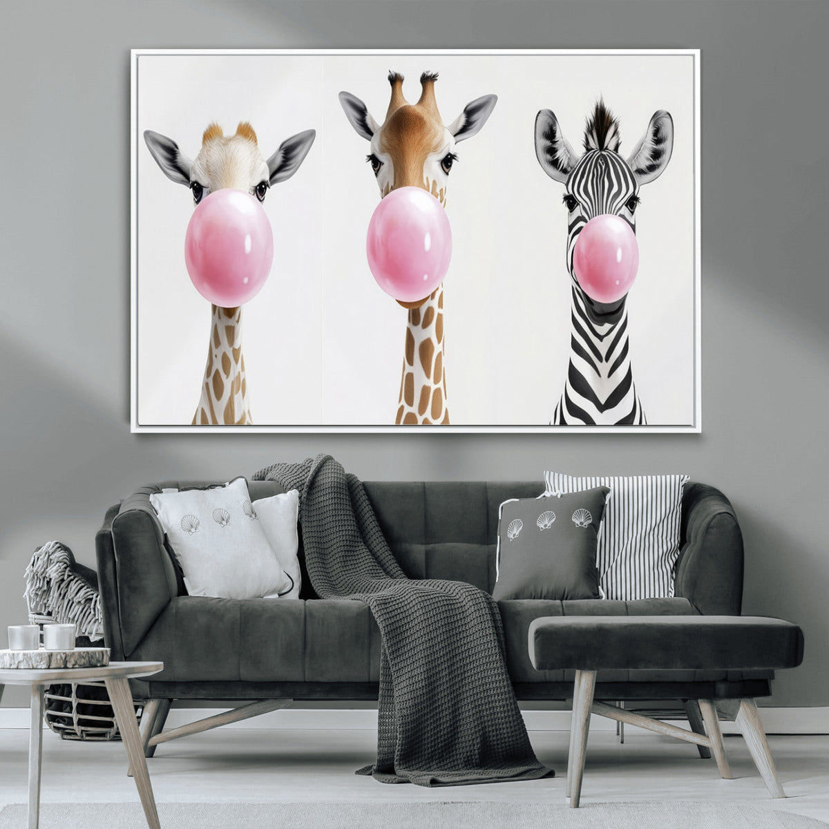 Bubblegum Animals Canvas Wall Art, Playful Giraffe and Zebra Trio, Whimsical Nursery and Kids Room Decor