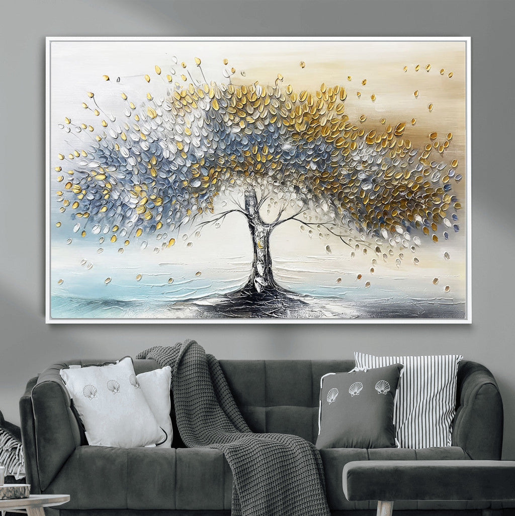 Golden and Silver Tree Wall Art | Framed Elegant Leaves Canvas