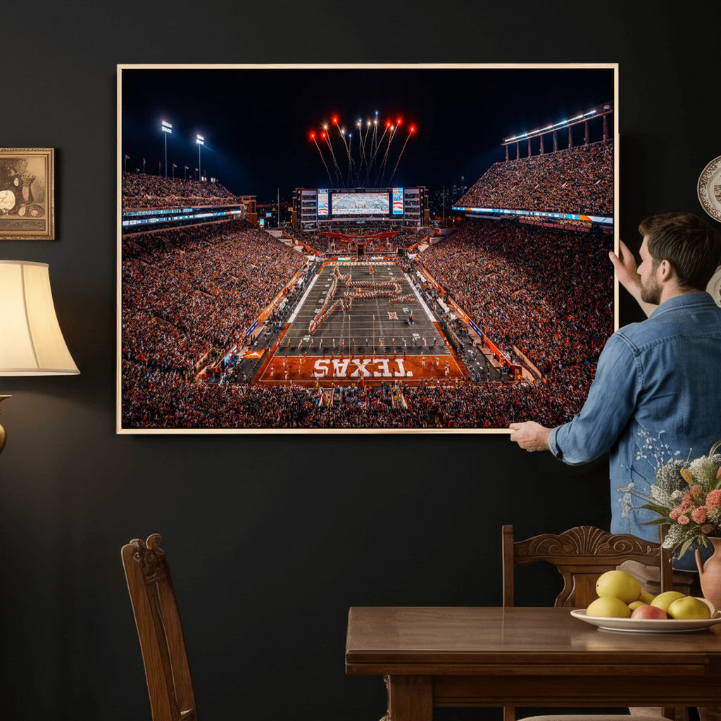Texas Stadium Night Game Wall Art Canvas Print, Vibrant Football Fireworks Scene