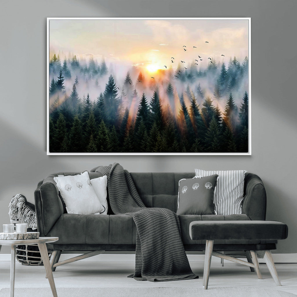 Abstract Forest Wall Art, Serene Nature Canvas Print with Misty Forest Design for Modern Home Decor