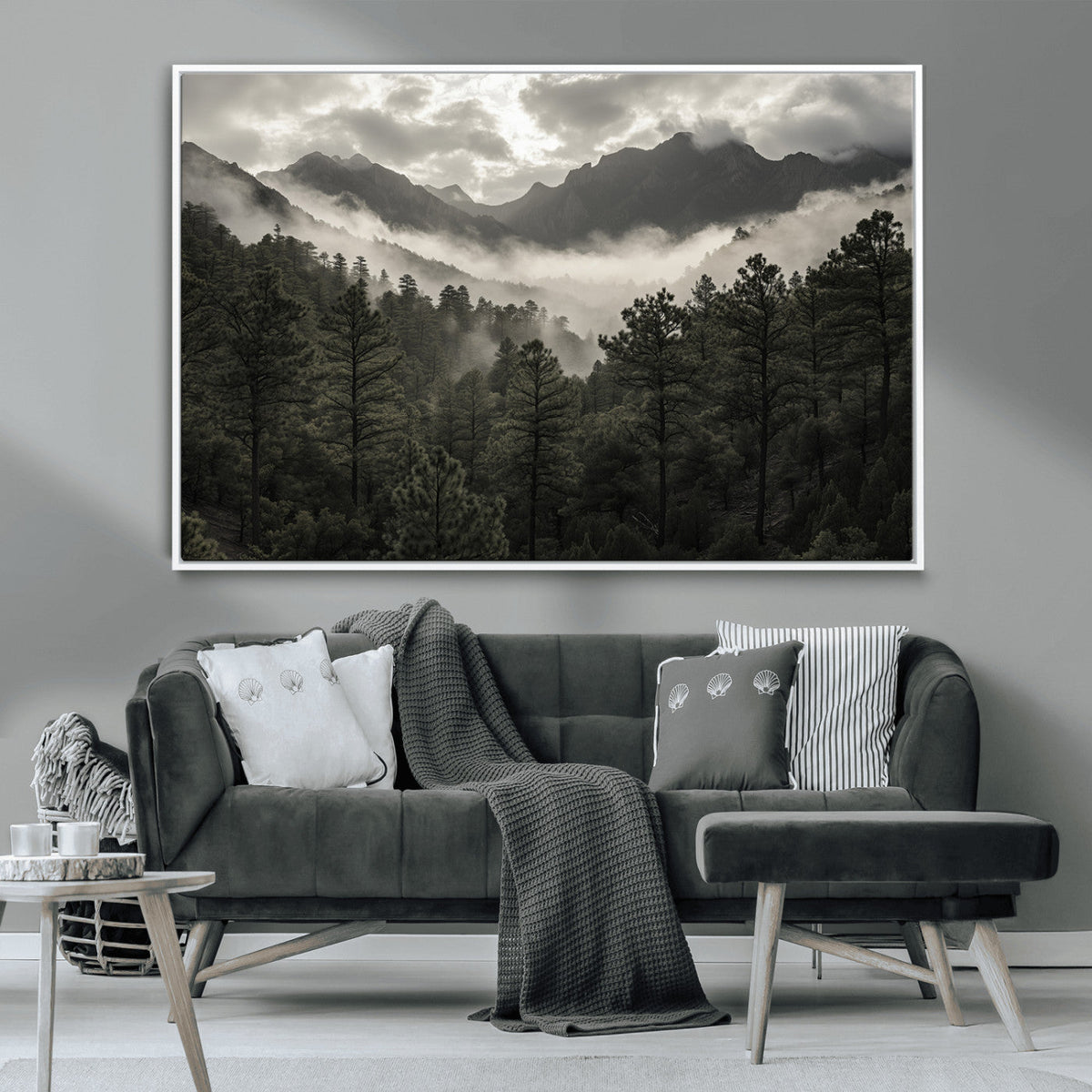 Moody Forest Wall Art | Framed Mountain Fog Canvas Artwork