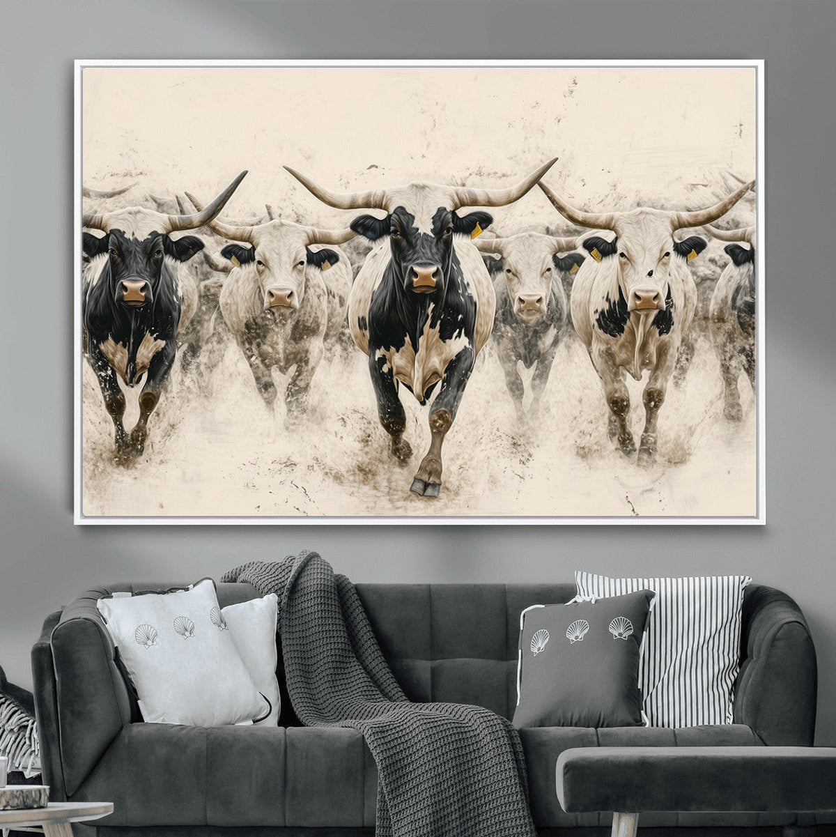 Texas Longhorn Wall Art | Framed Cattle Walking Canvas
