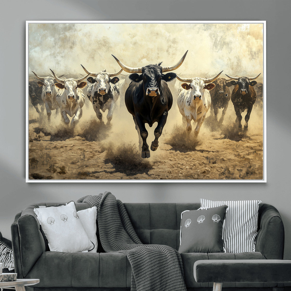 Texas Longhorn Wall Art | Framed Charging Cattle Canvas