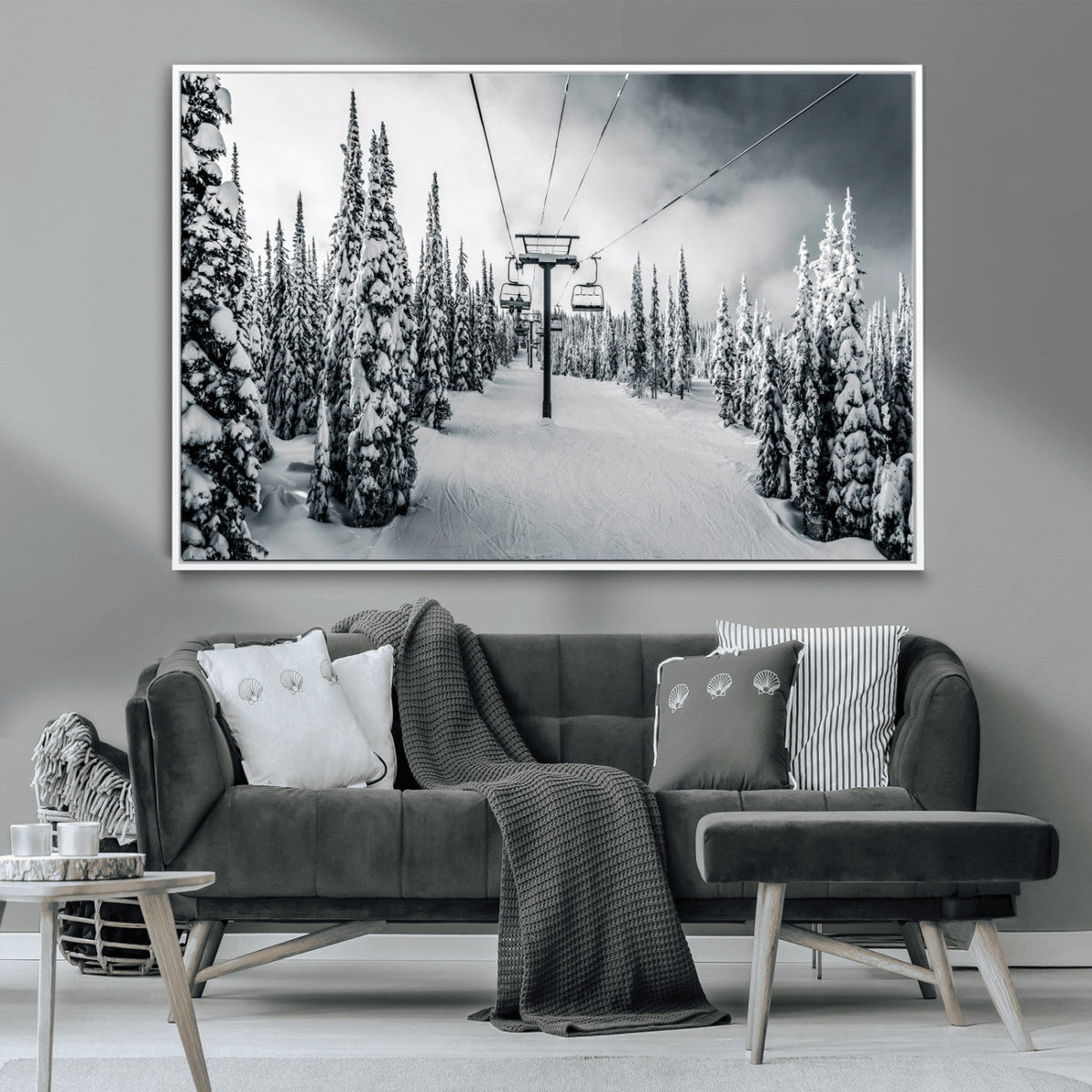 Snowy Pines Wall Art Canvas Print | Ski Lift in a Winter Forest