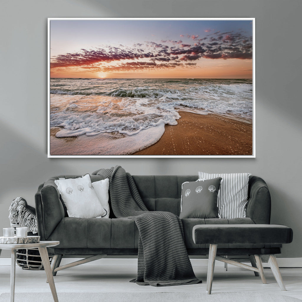 Ocean Sunset Wall Art Canvas Print | Sandy Shore and Gentle Waves