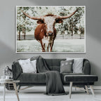 Texas Longhorn Wall Art Canvas Print | Framed Spotted Brown and White Bull