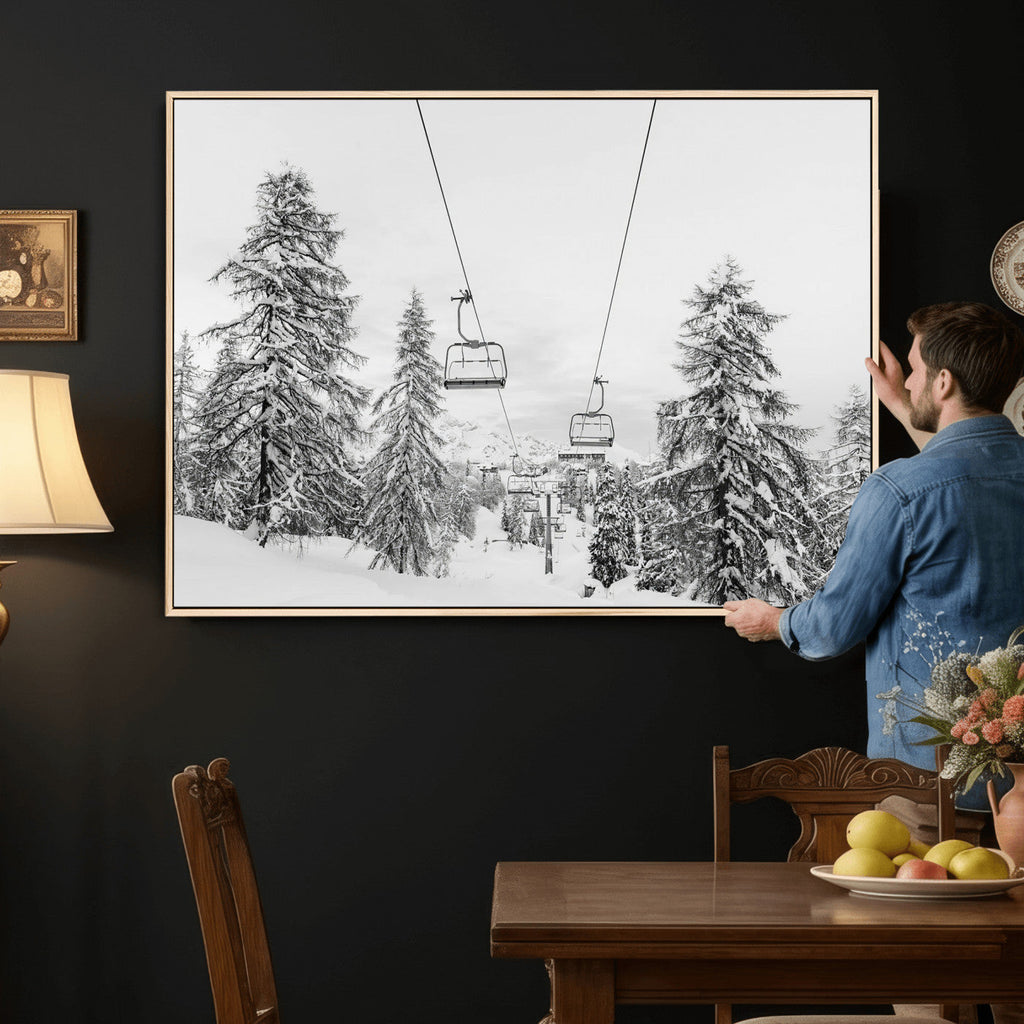 Ski Lift Wall Art | Framed Snowy Mountain Canvas Artwork