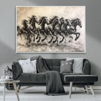 Running Horses Wall Art Canvas Print, Framed Monochrome Galloping Herd Sketch