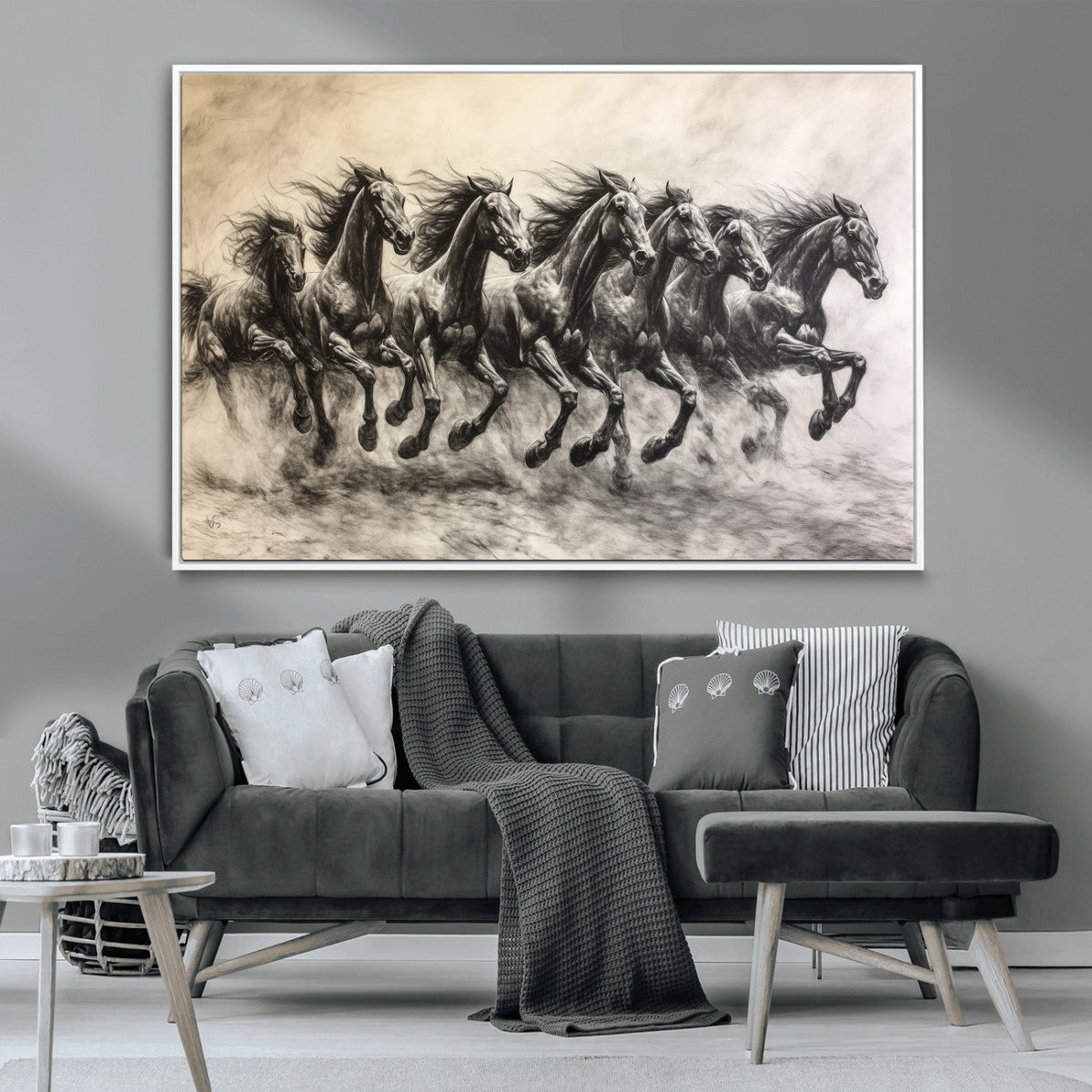Running Horses Wall Art Canvas Print, Framed Monochrome Galloping Herd Sketch