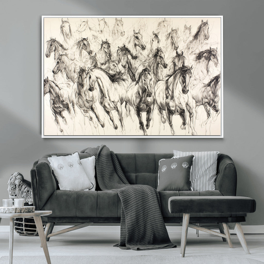Abstract Horse Wall Art Canvas Print, Framed Horse Sketch with Galloping Herd