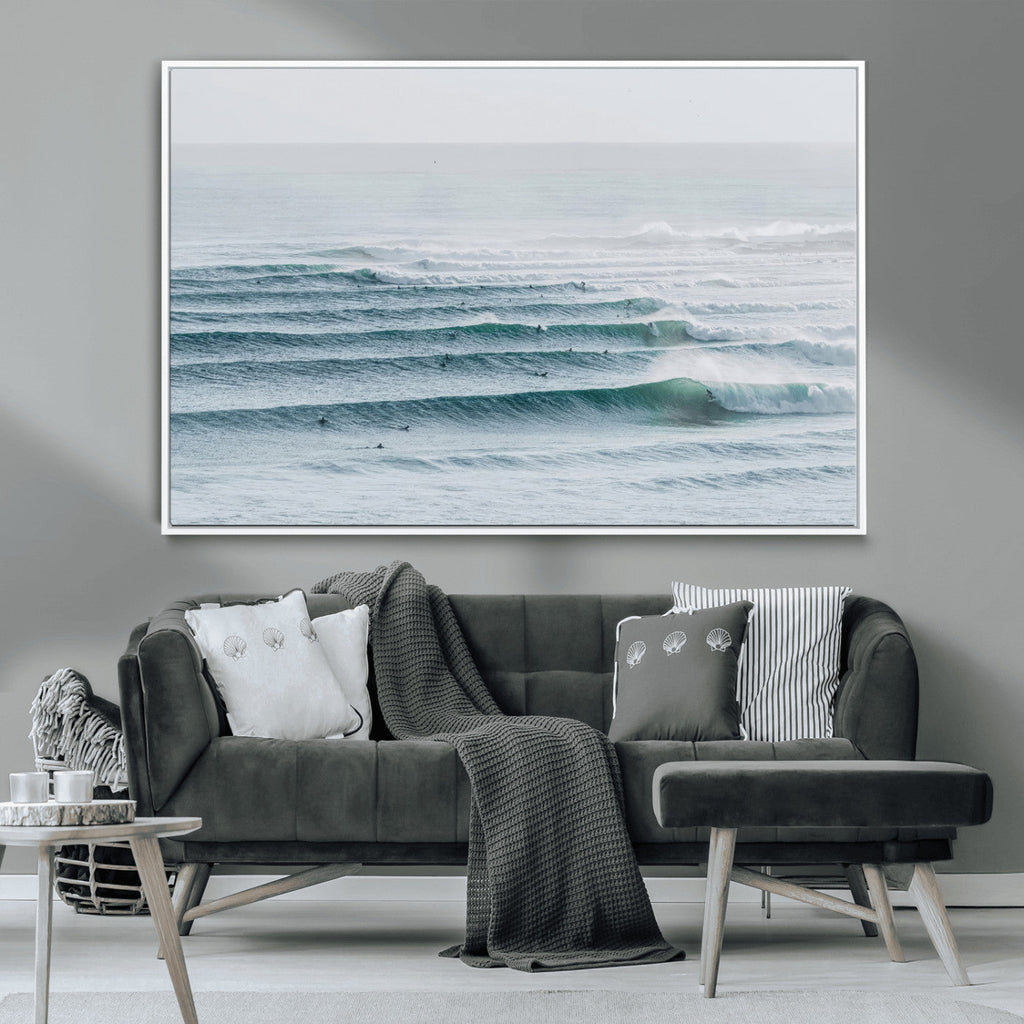 Ocean Waves Wall Art Canvas Print, Framed Surfer Lineup on a Crowded Ocean
