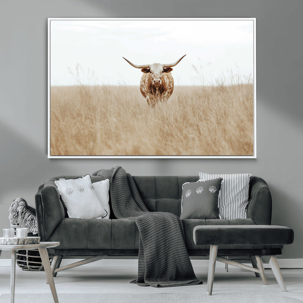 Texas Longhorn Wall Art Canvas Print, Framed Lone Cattle and Longhorn Bull Scene