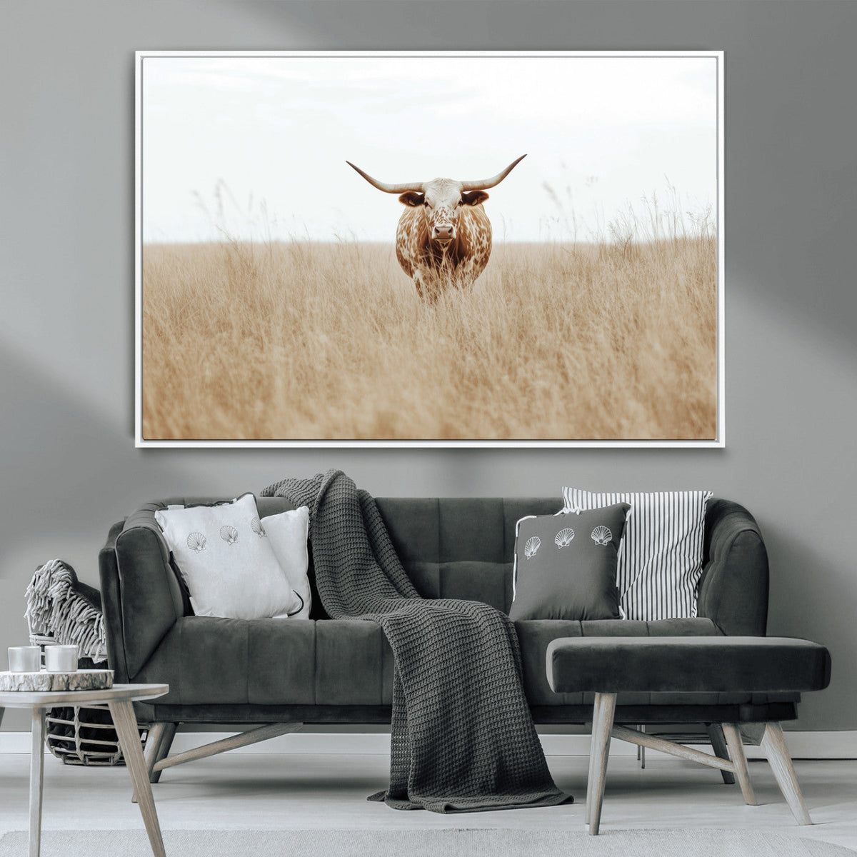 Texas Longhorn Wall Art Canvas Print, Framed Lone Cattle and Longhorn Bull Scene