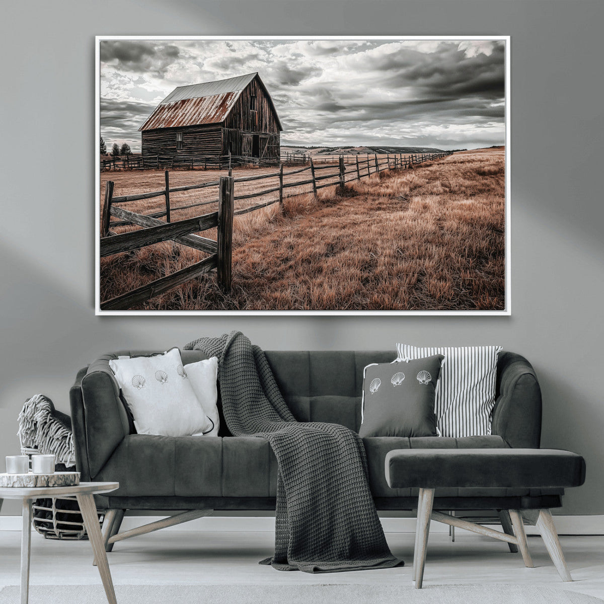 Rustic Barn Wall Art Canvas Print, Framed Moody Field Scene