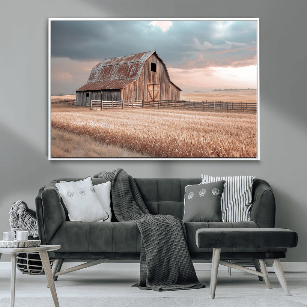 Rustic Barn Wall Art Canvas Print, Framed Wheat Field Scene