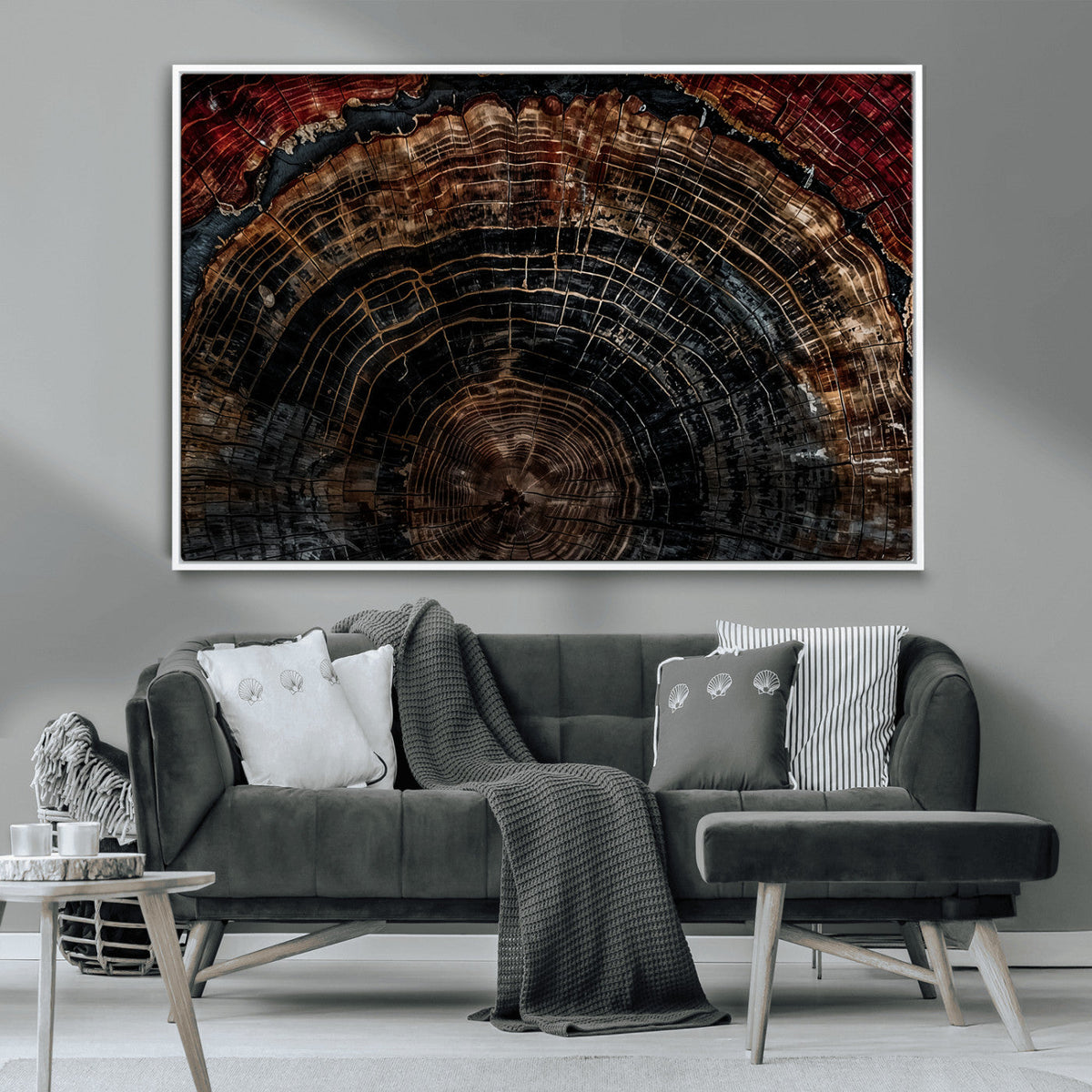 Dark Wood Ring Wall Art Canvas Print, Framed Abstract Tree Slice Print, Rustic Wood Grain Decor