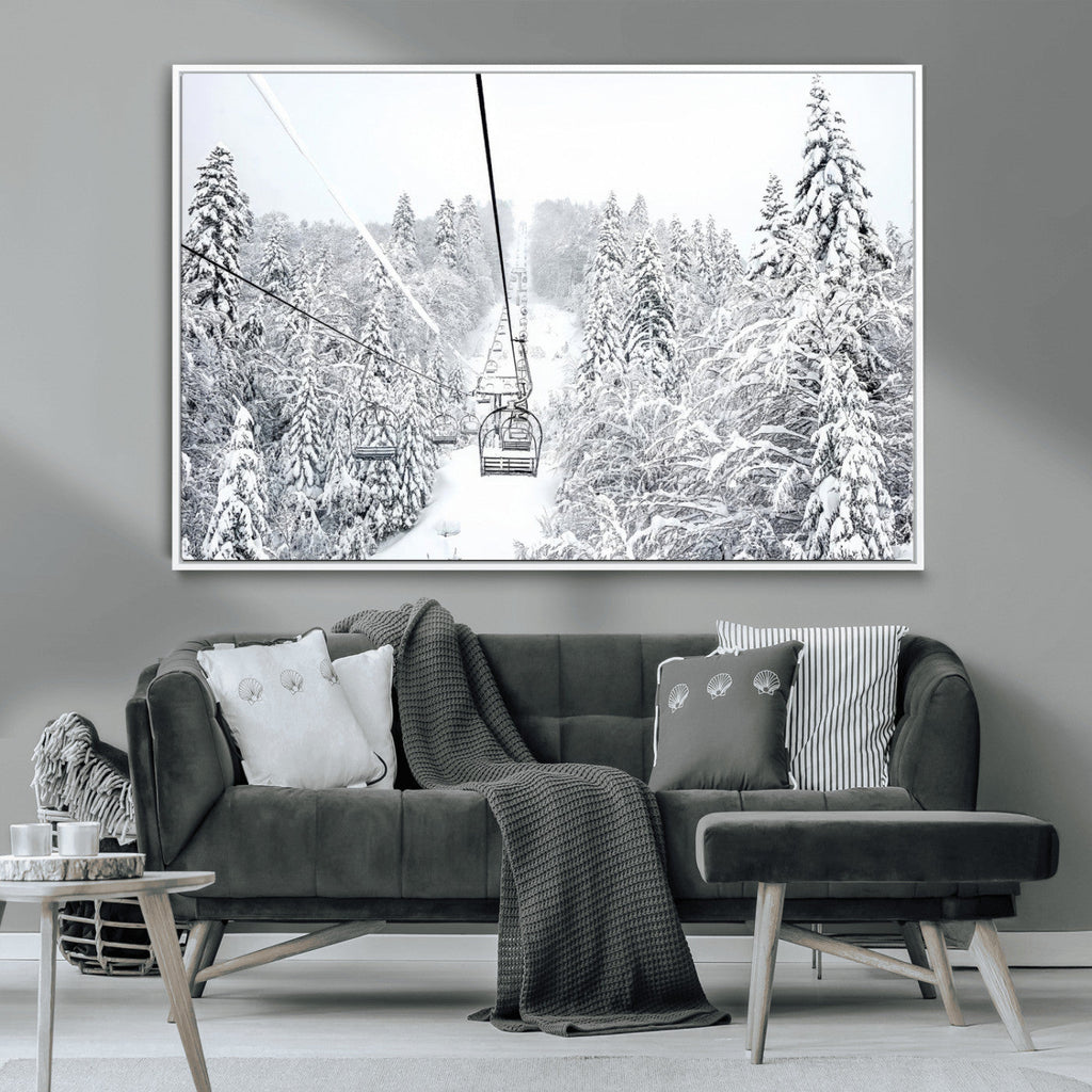 Snowy Ski Lift Wall Art | Framed Winter Mountain Canvas