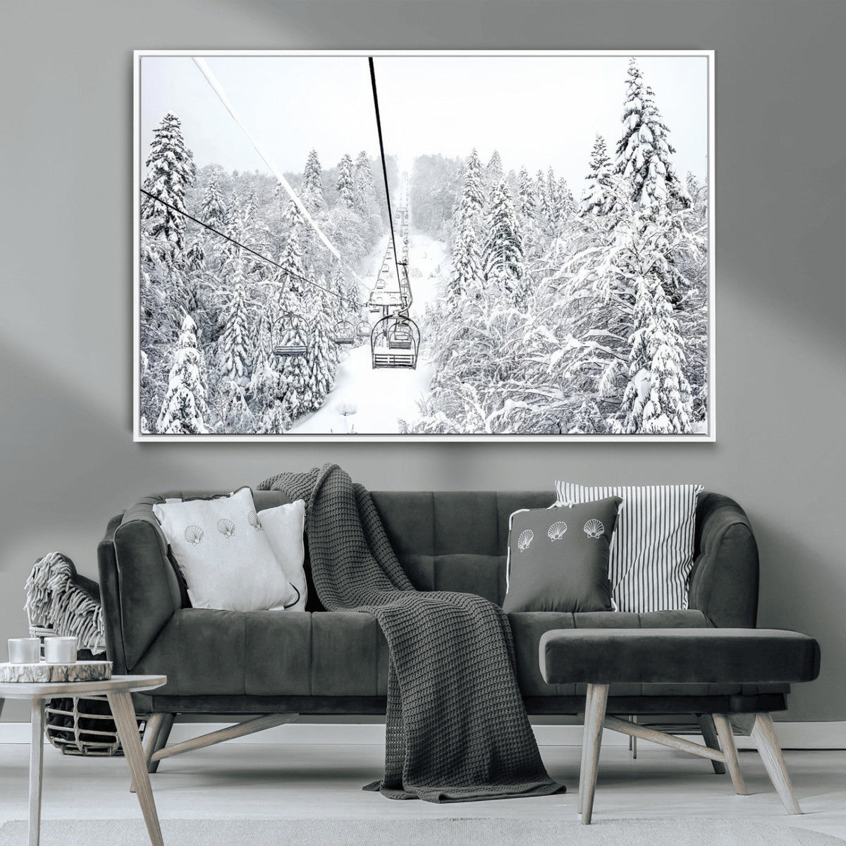 Snowy Ski Lift Wall Art | Framed Winter Mountain Canvas