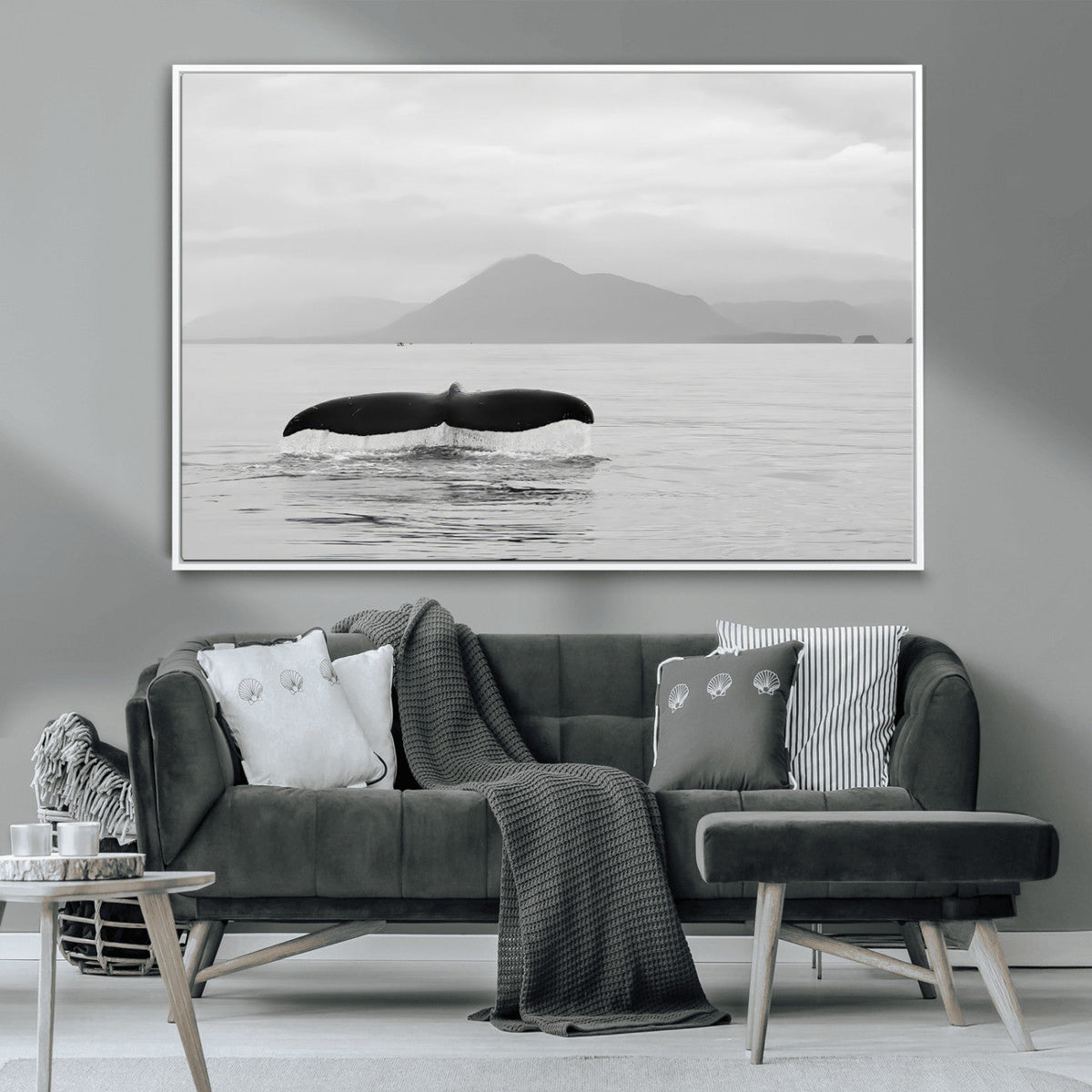 Whale Tail Wall Art | Framed Black White Ocean Canvas