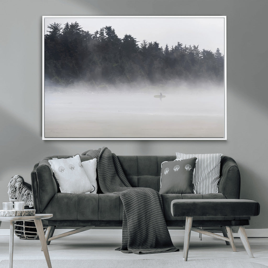 Surfer Fog Wall Art Canvas Print, Framed Foggy Beach and Coastal Surf Scene